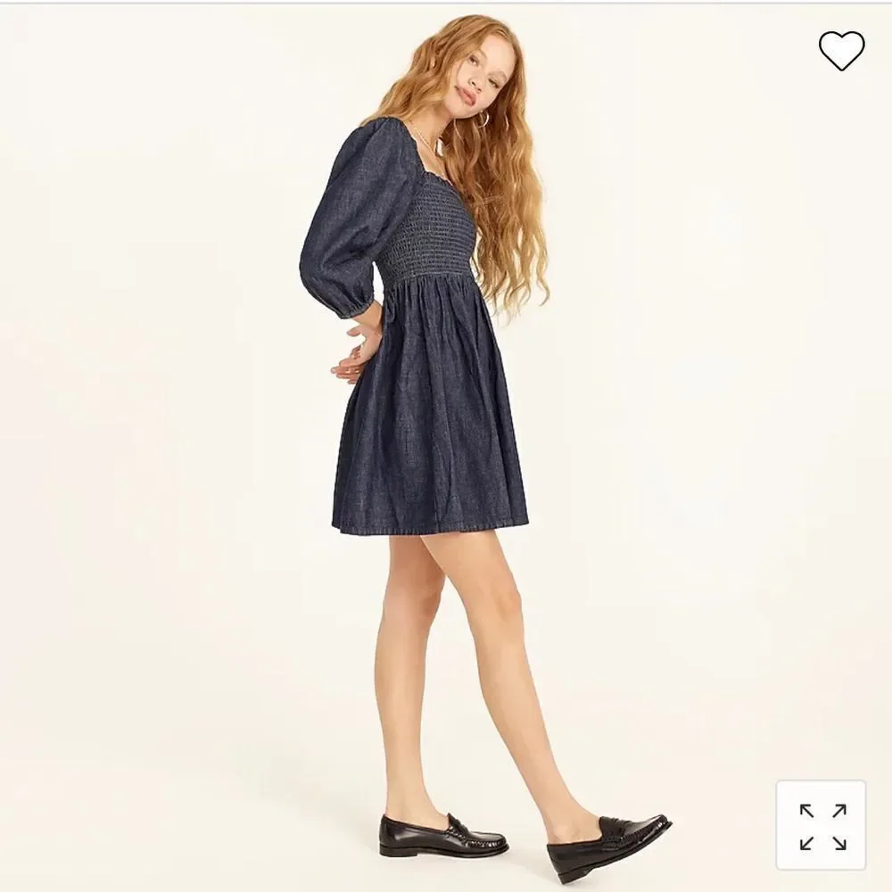 NWT. J. Crew Smocked Puff Sleeve Chambray Dress